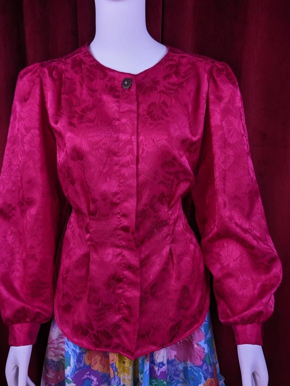 Vintage 80's Charlotte Vanhorne Hot Magenta Pink Floral Satin Long Sleeve Blouse